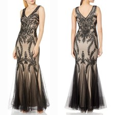 Betsy Adam Black Nude Embroidered Lace Soutache Mermaid Evening Gown Size 4