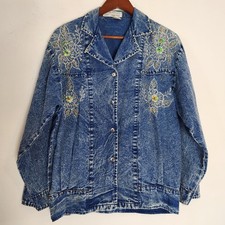 Vintage 80s 90s Acid Wash Denim Jacket Floral Embroidered Rhinestone Beaded Sz M