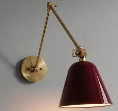 Red Shade Brass Swing Arm Adjustable Articulating Bedside Reading Light