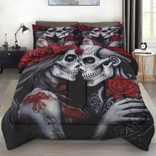 Skull Comforter Set Size, Love Skeleton Soft 3 Pcs King Rose Skull Love