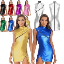 Womens Shiny Metallic Zipper Mock Neck Bodycon Mini Dance Dress Party Clubwear