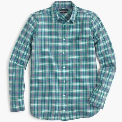 J CREW Boy Fit Flannel Green Blue Bright Clover Button Up Plaid Shirt Top sz 0