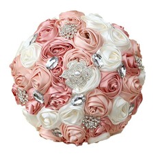 Blush Pink and Ivory Wedding Bouquet with Silver Brooch Bling Rhinestone Sati...