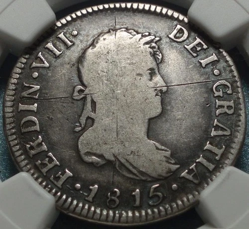 1815 NGC FINE Details SPANISH ROYALIST CHILE Silver SANTIAGO MINT "Two Reales"