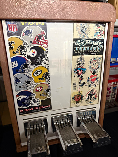 3-Head Sticker & Tattoo Vending Machine w/ NFL Stickers & Ed Hardy Tattoos