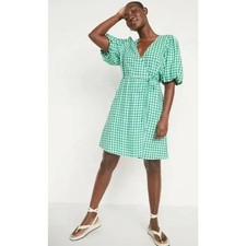 Old Navy Puff-Sleeve Gingham Wrap Mini Dress Green/White Large Petite