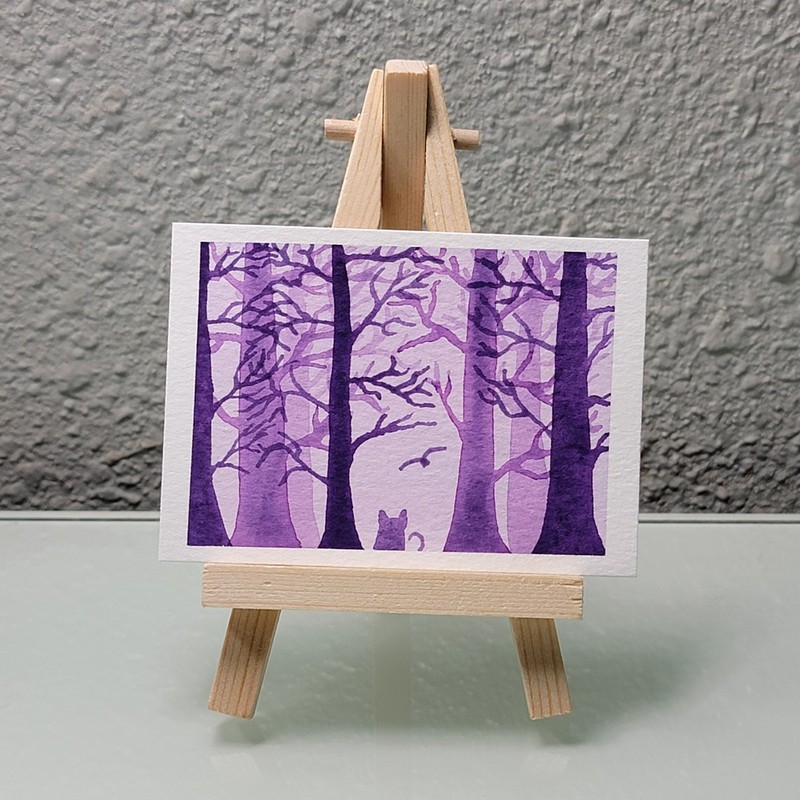 ACEO Original Purple Spooky Forest Trees Cat & Bird Series 1/3 KatieBearDesigns