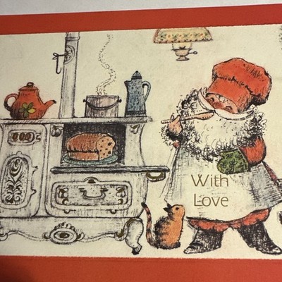Vtg Christmas Card UNUSED Santa Famous Artist Kitchen Cooking Baking Bread W/env