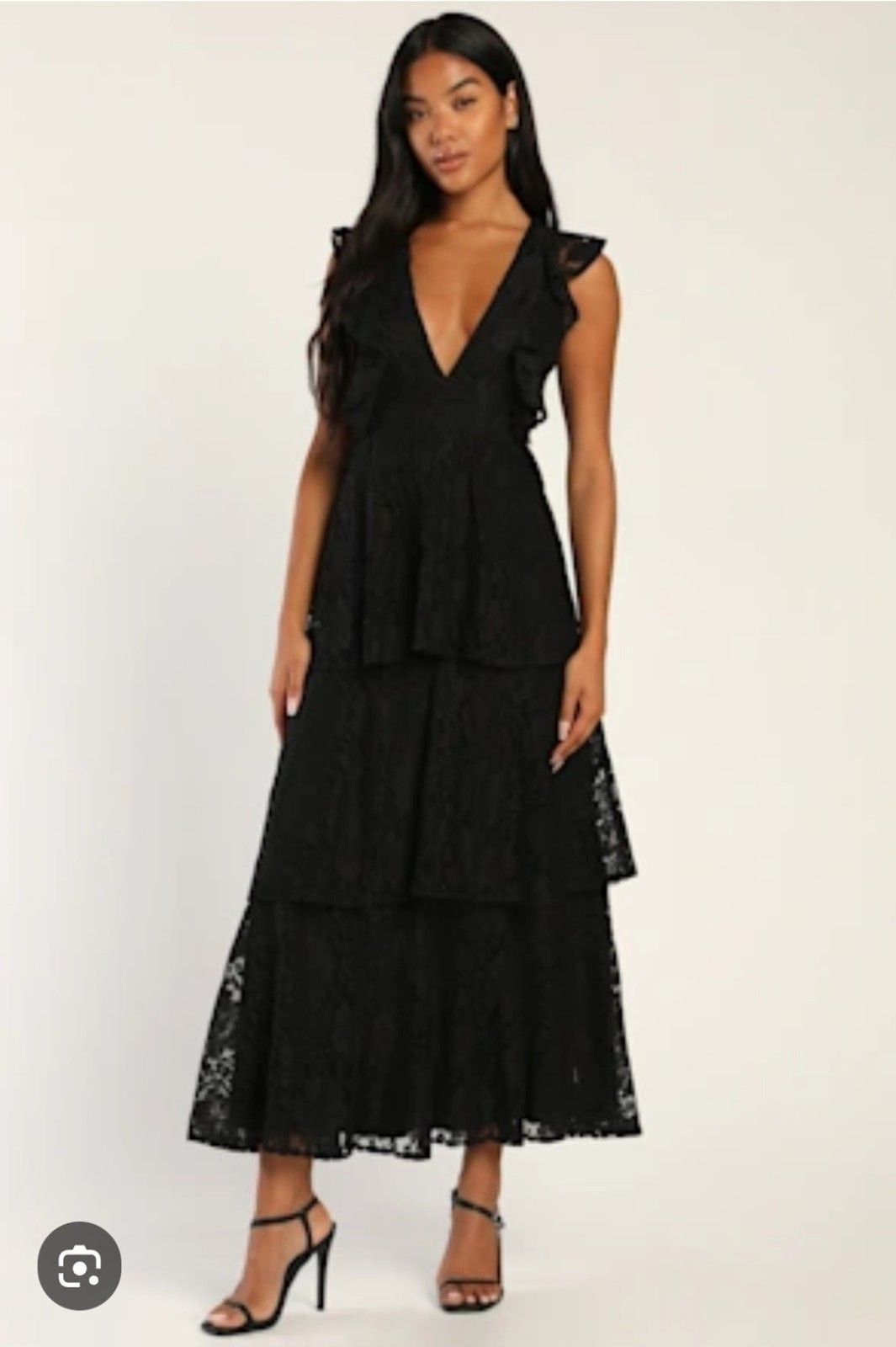 NEW Lulus Molinetto Black Lace Ruffled Tiered Maxi sz L Dark Romantic Fairy Goth
