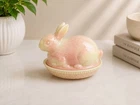 Rare Fenton Glass Shiny Burmese Uranium Easter Bunny Rabbit Nest Dish
