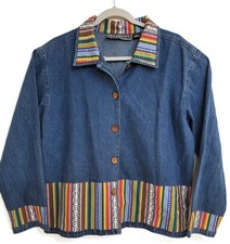 American Vintage Jacket Womens L Blue Denim Colorful Embroidered Southwest Boho