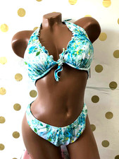 Victoria's Secret Ruffle Halter Cheeky Swim Bikini 2 Piece Set Blue Floral NWT