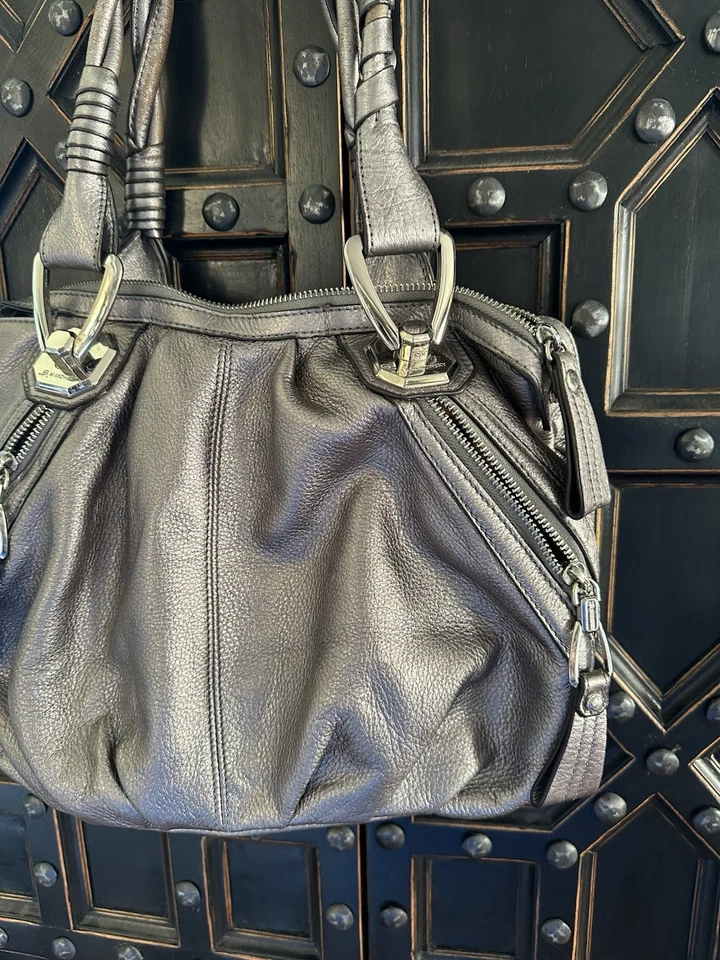 B. Makowsky 银色棕褐色皮革挎包单肩包大号手提包钱包金属色 — 第 3/4 张图片