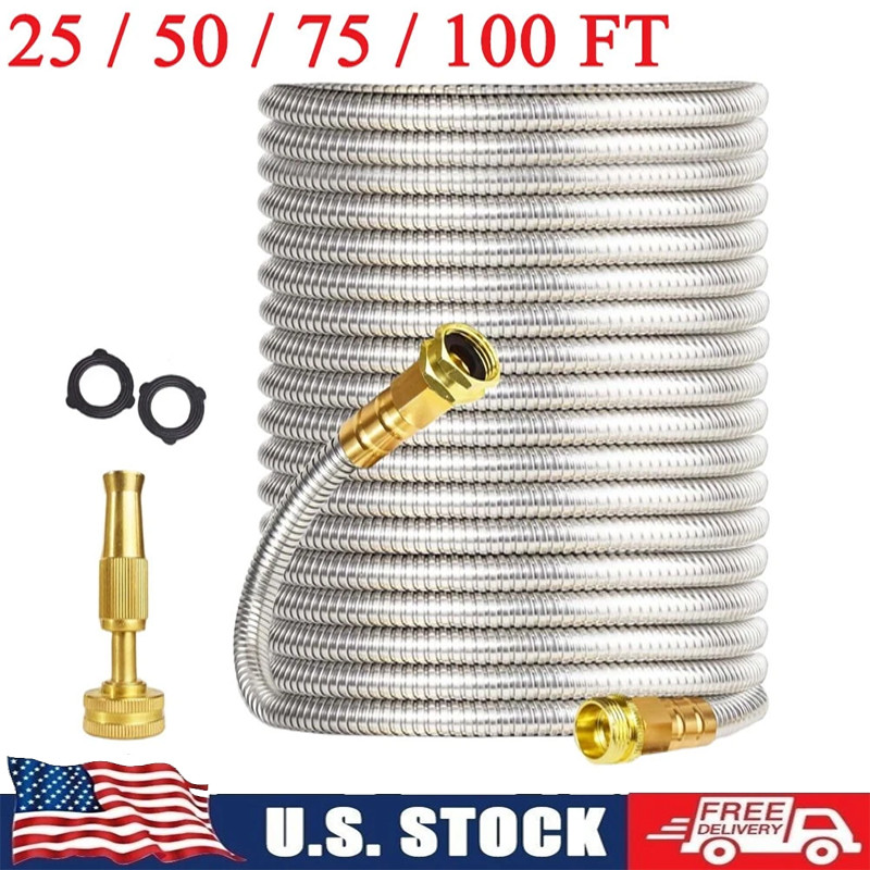 25/50/75/100FT Stainless Steel Metal Garden Water Hose Pipe Flexible Lightweight