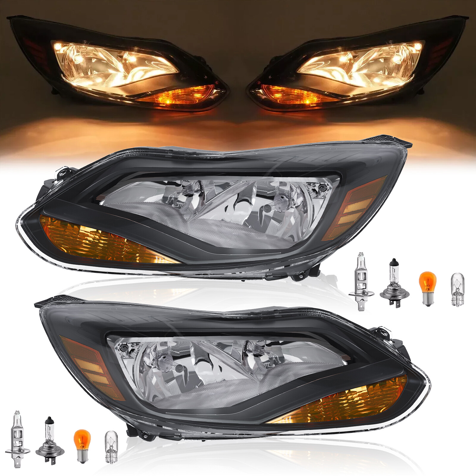 Headlights Assembly W/Bulbs For Ford Focus 2012-2014 Driver & Passenger Halogen