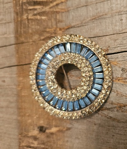 Rhinestone Brooch Pin Round Circle Blue Baguette Vintage Style Jewelry - Picture 5 of 18