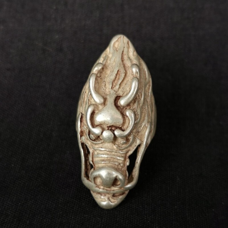 Statue Rng 18 mm Old Chinese Tibet Silver Carving Dragon Head Statue Ring Gift ...