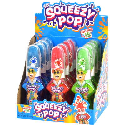 Mr Squeezy Squeezy Pop (Lollipop w/Liquid candy)- 12 Count Display