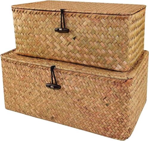 New-Wicker Storage Basket with Lid, Seagrass Storage Bins with Lids, Rectangular