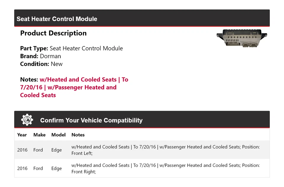 Módulo de control de calefacción de asiento Dorman para Ford Edge 2016 Foto 2 de 4