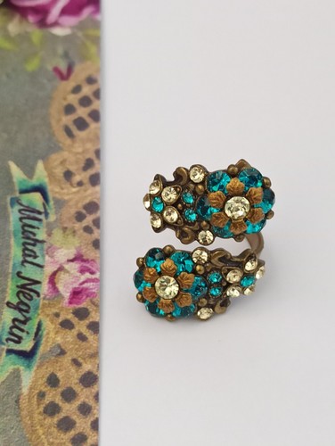 Michal Negrin Ring Split Shank Deep Turquoise Blue Crystals Flowers Deco 8.5 - Picture 13 of 15