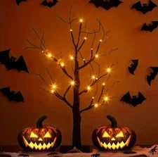 Spooky Black & Orange Halloween Battery-Powered Tabletop Light-Up Tree 2ft