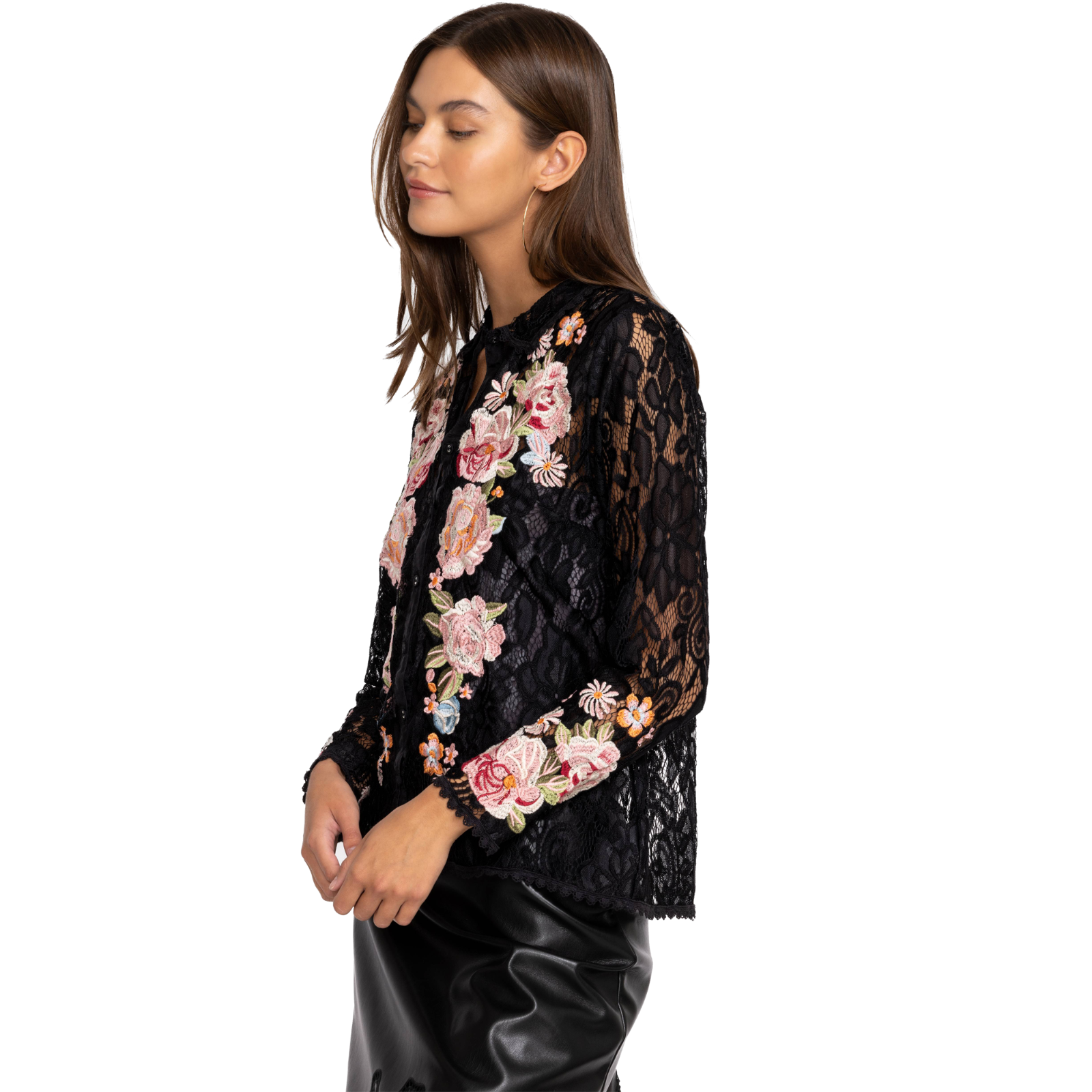 Johnny Was Veronne Lace Blouse Slip Long Sleeve Embroidery Black Top