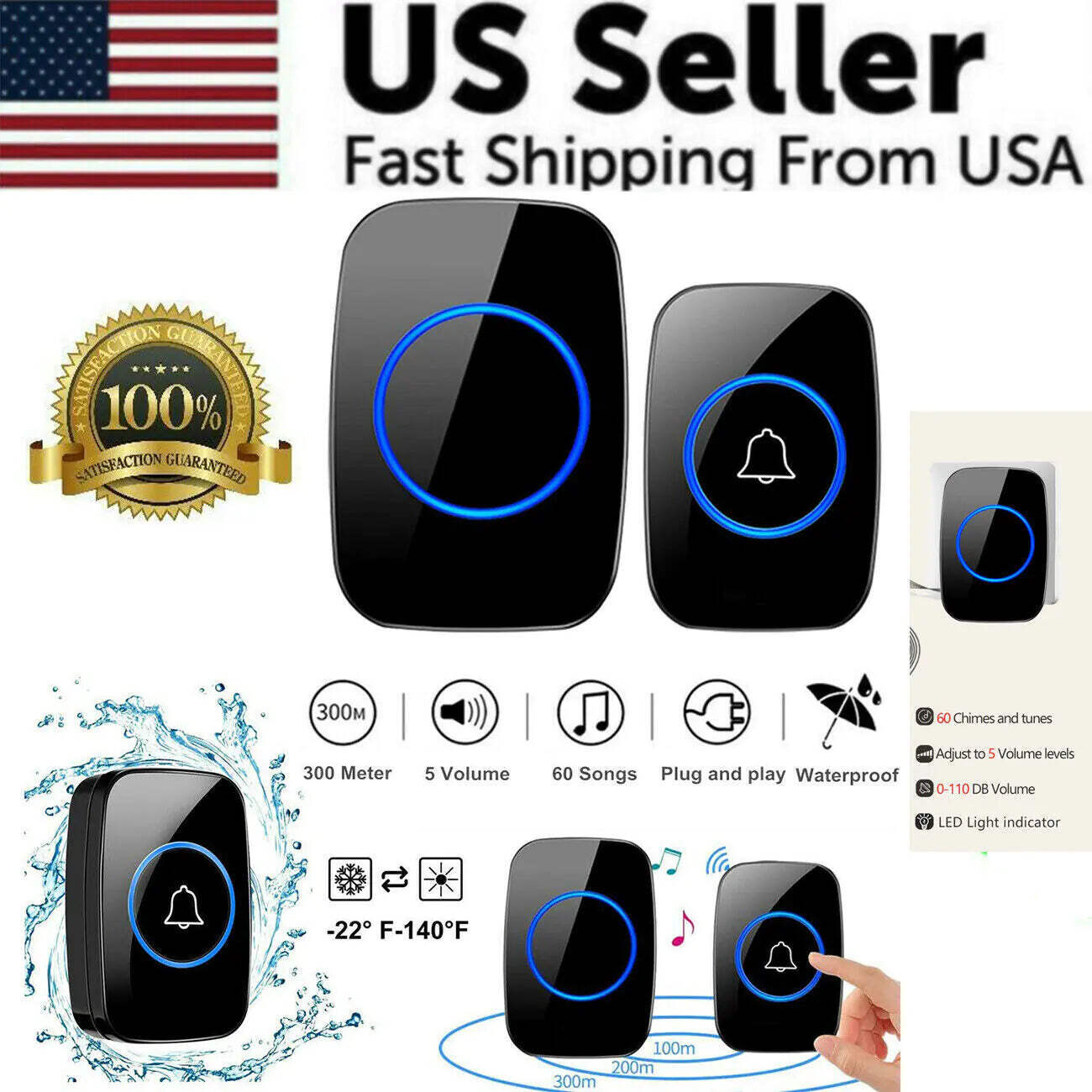 Wireless Doorbell Chime Waterproof Plugin Receiver Adjustable Volume 1000FT Kit-image