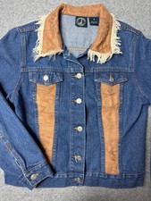 Lighthouse Appeal Denim Jean Jacket Brown Suede Fringe Size M Western Boho