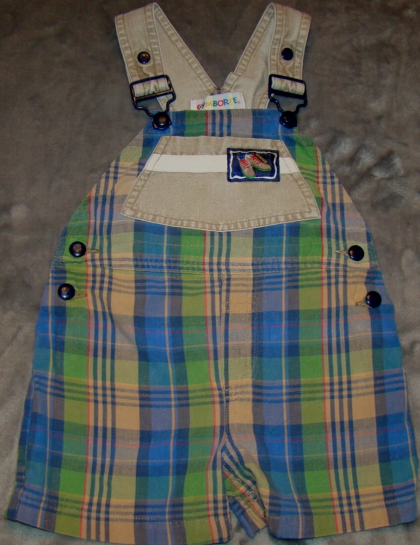 Vintage Gymboree Boys Size X Small Plaid Hiking Shortalls Overalls