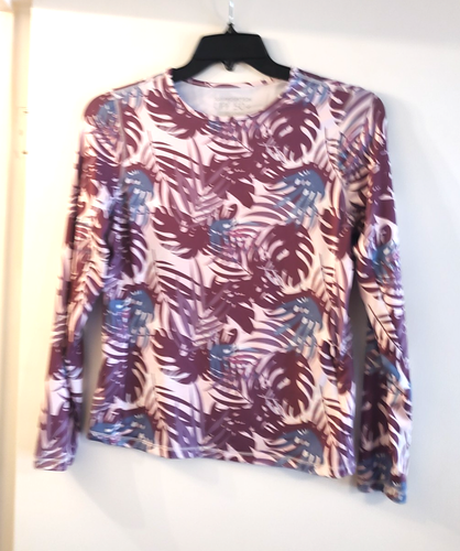 32 Grad Cool Rash Guard Damen XS lila und grau tropischer Blätterdruck UPF 50+