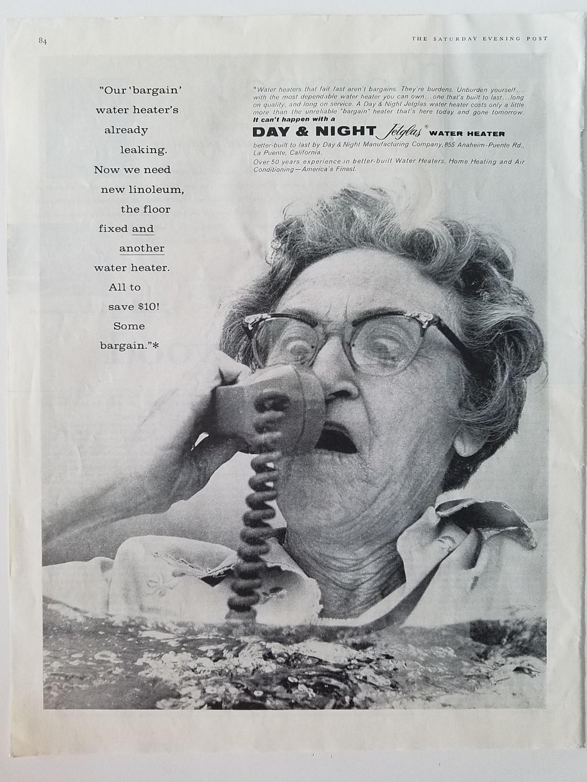 1959 wrinkled old woman jetglas water heater leak desperate call telephone  ad | eBay
