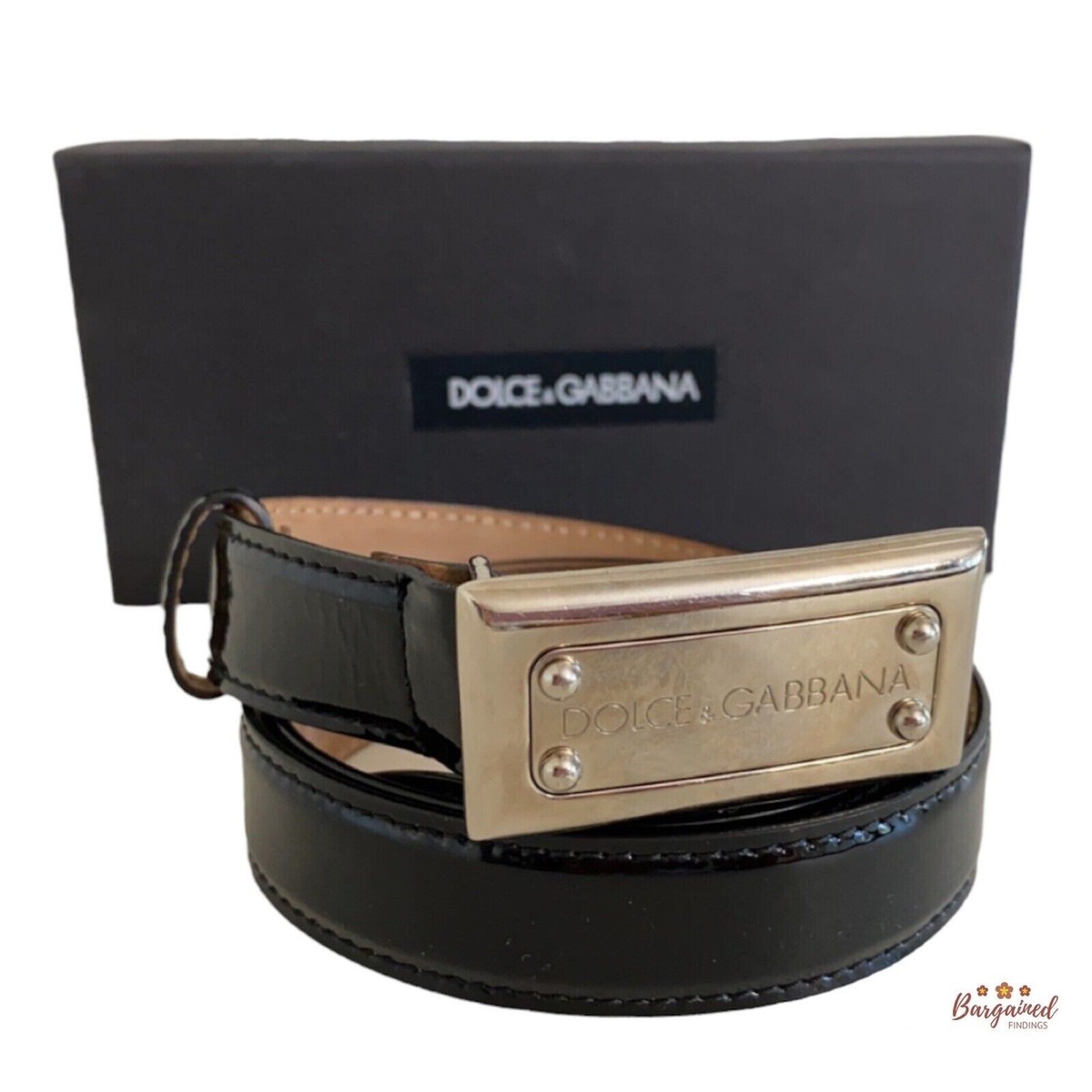 Authentic Dolce & Gabbana Black Patent Leather Belt Silver