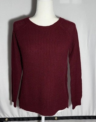 SO Women s Soft Waffle Knit Long Sleeve Crew Neck Sweater Wine Red Size Small