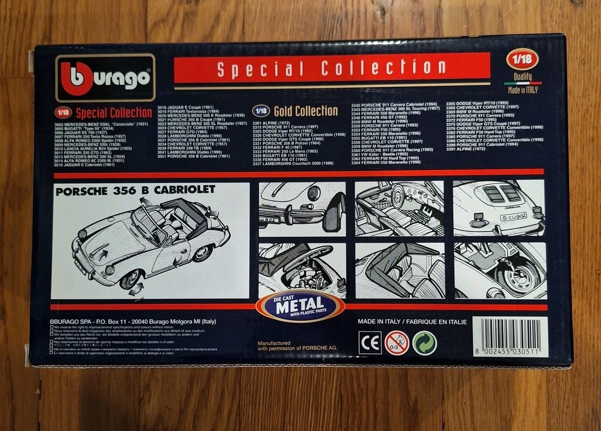 BBurago Burago Porsche 356B Cabriolet 1961 - LARGE 1/18 - Diecast