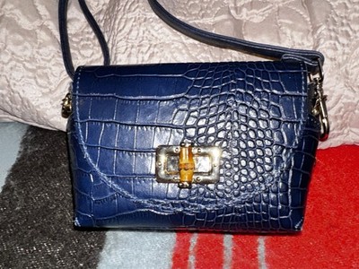 Vera Pelle Vintage Croc Leather Crossbody Bag Dark Blue Made in Italy NWOT