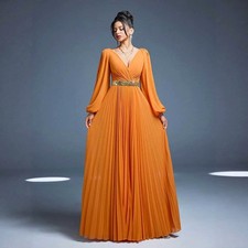 Women's Elegant Deep V-Neck Long Sleeve Pleated Formal Maxi Dress