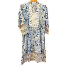 VTG Light Blue Floral Lace Trim V Neck Long Sleeve Kaftan Dress Womens Sz Med