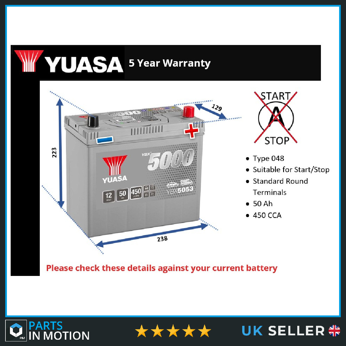 Battery fits HONDA JAZZ Mk2, Mk3, Mk4 1.2 1.3 1.4 1.5 2002 on Yuasa 048 450A New