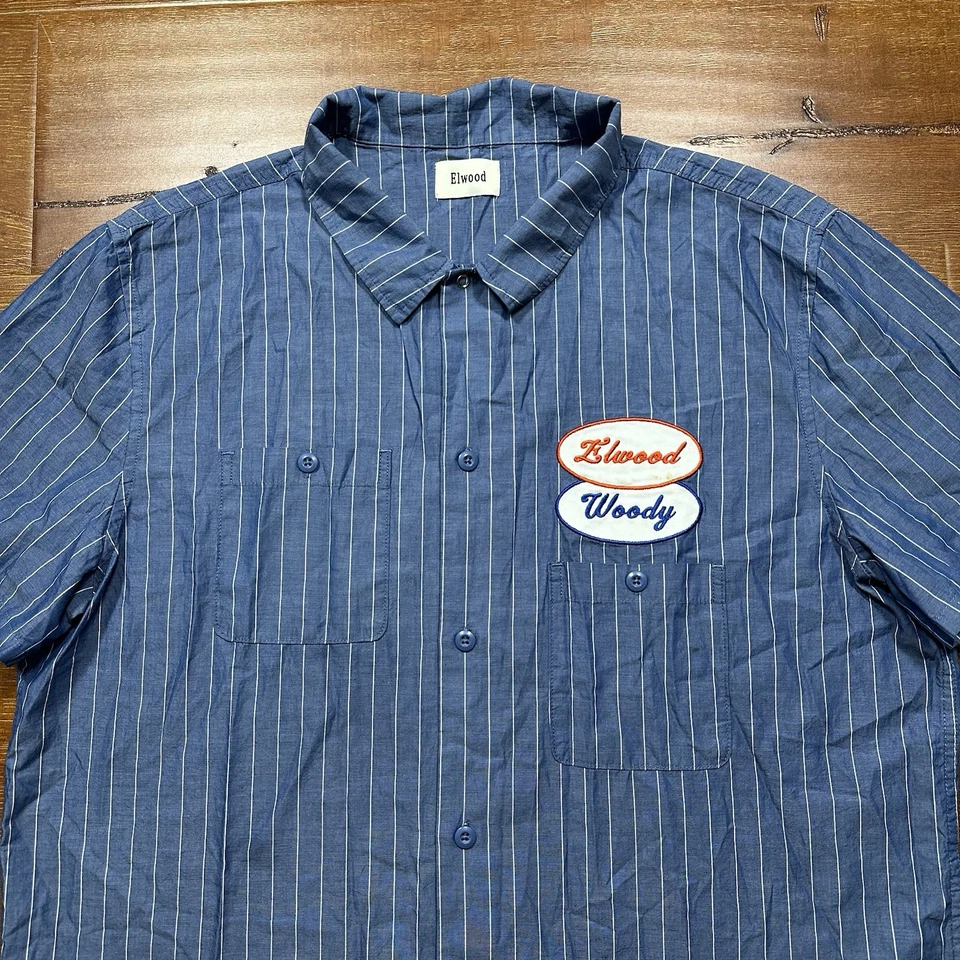 Elwood Mechanic Button Up Shirt Mens XL Blue Stripe Retro Biker Car Utility Alt - Image 3 of 4