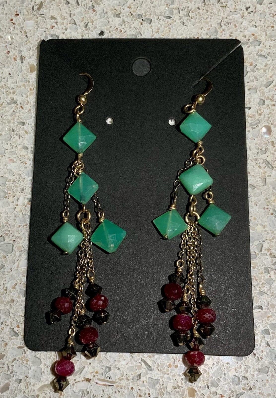 VINTAGE JADITE RUBY GEMSTONE DANGLE DROP EARRINGS… - image 7