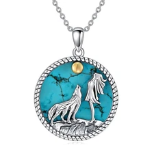 Wolf Pendant Necklace 925 Sterling Silver Turquoise Wolf Moon Jewelry for Women