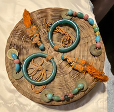Vintage Chinese Wicker Sewing Basket Peking Glass Rings Coins Tassels Woven Lid