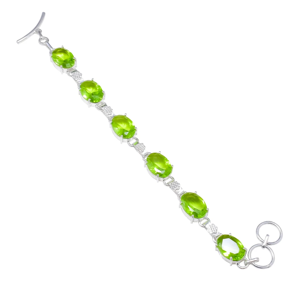 Green Peridot Gemstone Handmade 925 Sterling Silver Jewelry Chain Bracelet - Image 4 of 4