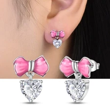 PANDACH 925 Sterling Silver Tiny Sweet Heart Bow Stud Earrings For Women Girls