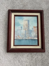 Vintage 8x10 Framed Oil Cityscape Painting On Wood Board Signed L. Wood