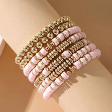 7 Piece Boho Chic Polymer Clay Beaded Bracelet Set Pink and Gold NEW 0079