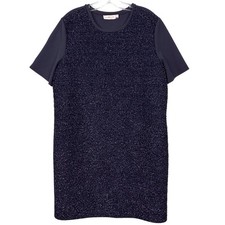 Tory Burch Tinsel Sparkle Shift Dress XL Navy Metallic Mixed Media Short Sleeve