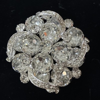 Signed Eisenberg Rhinestone Domed Brooch Clear Crystal Silver Tone Vintage