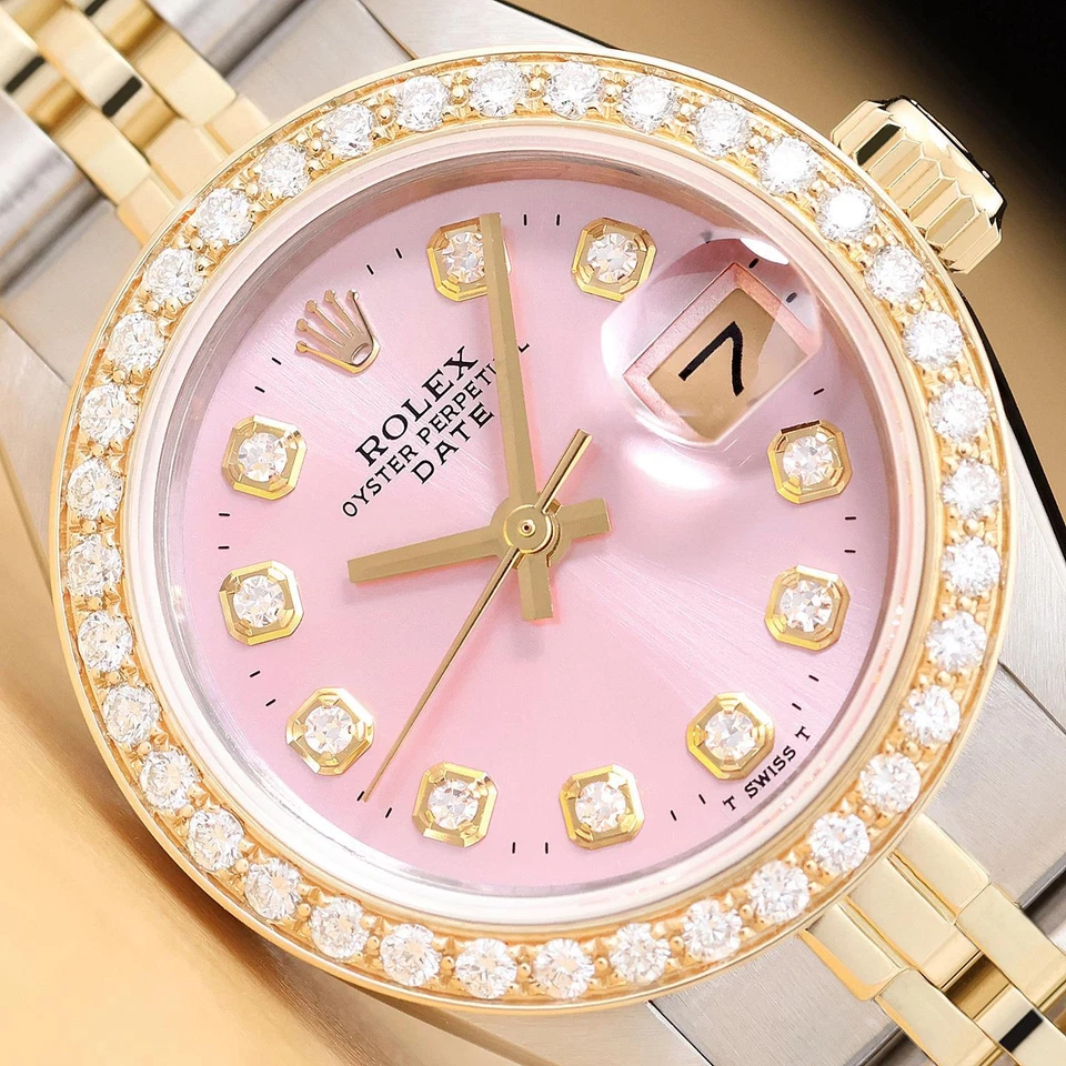 ROLEX LADIES DATE PINK DIAMOND DIAL 14K YELLOW GOLD STAINLESS STEEL 2-TONE WATCH
